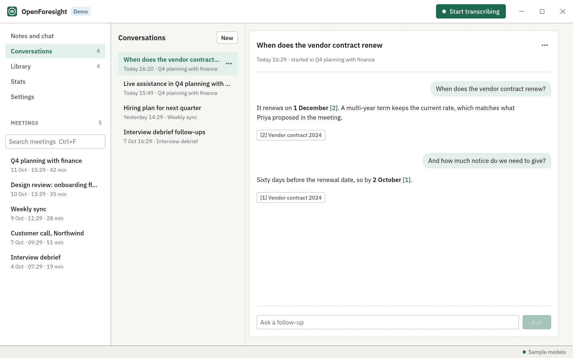 The Conversations page listing saved chats with the meeting each one started in.