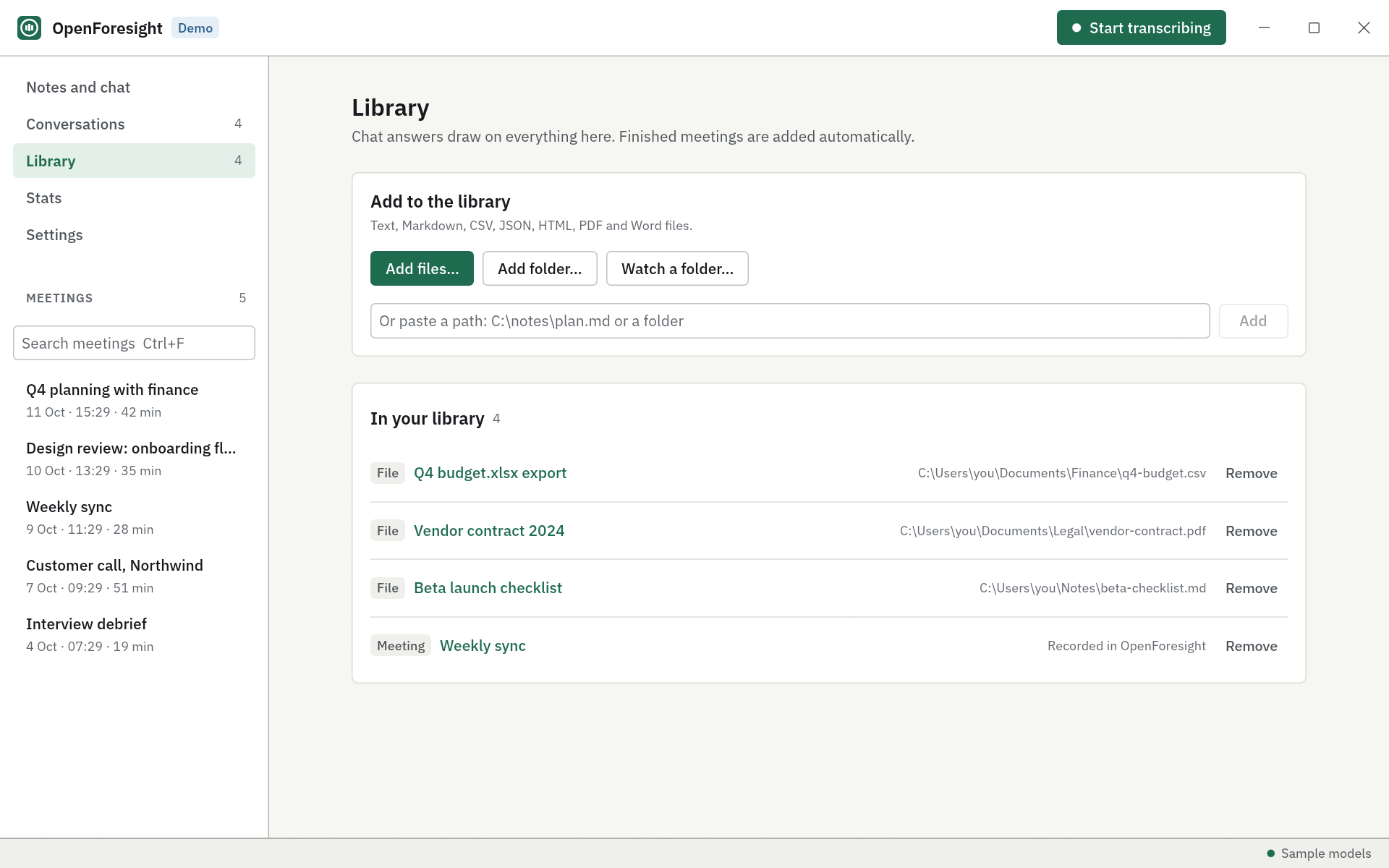 The Library page listing imported documents and watched folders.
