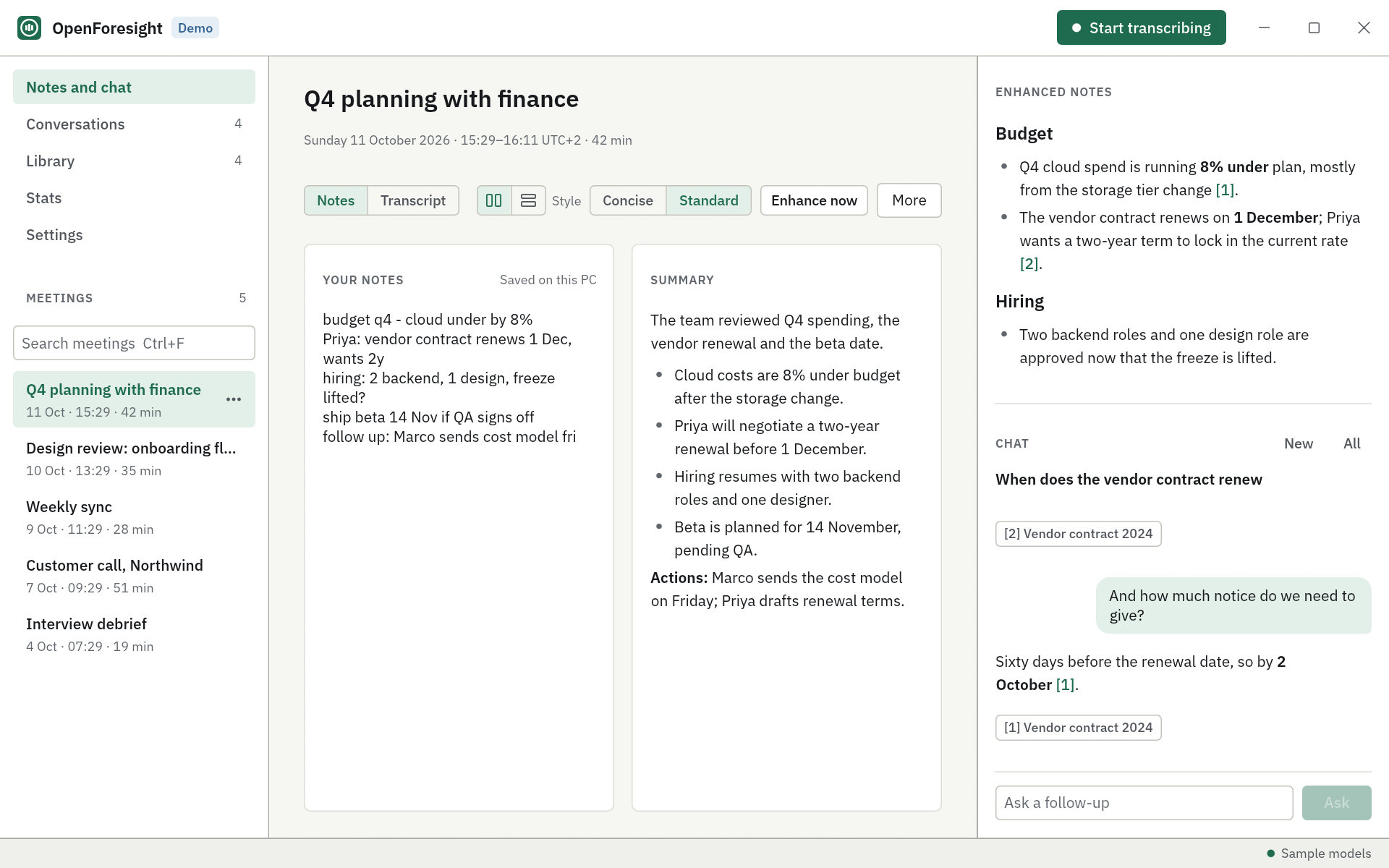 OpenForesight with a meeting open: the meeting list on the left, shorthand notes and the summary in the middle, and enhanced notes with numbered sources above the chat on the right.