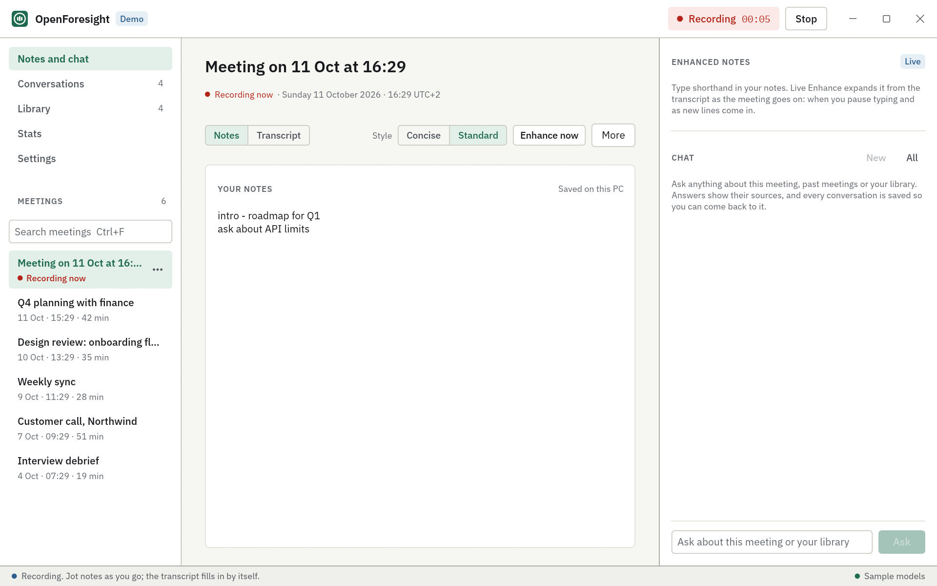 A meeting being recorded: a red Recording pill with the elapsed time in the top bar and the live transcript grouped by speaker.